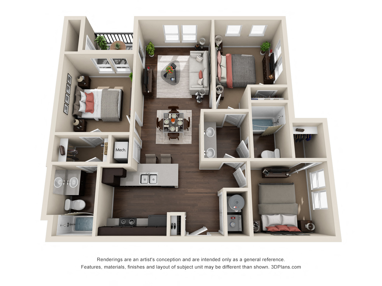 Floor plan for 3 beds, 2 baths, 1050 sqft